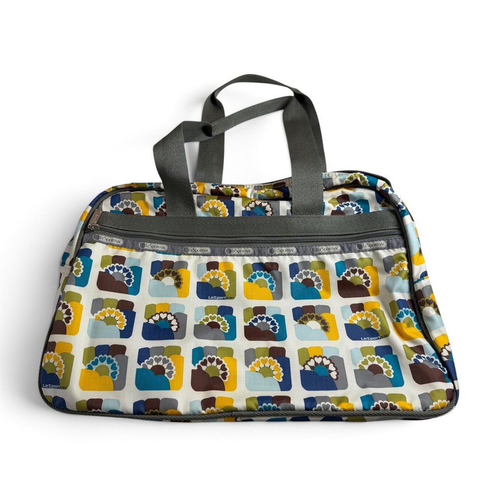 LeSportsac Nylon Duffle Bag Retro Geometric Floral Print Blue Yellow Travel Tote